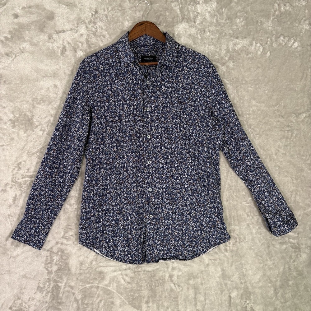 Bugatchi Women Long Sleeve 8 Way Stretch Button Up Shirt Blue Floral L Career